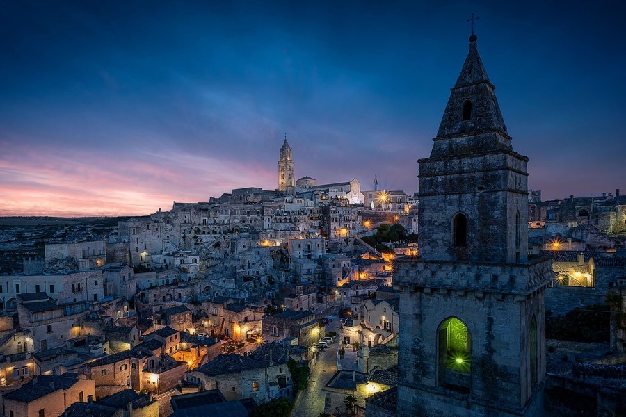 Matera illuminated at blue hour